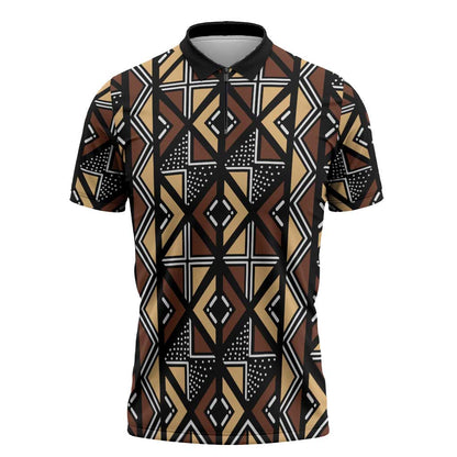 Mali Mud Cloth Legacy Pattern Zipper Polo Shirt Ethnic Geometry Style