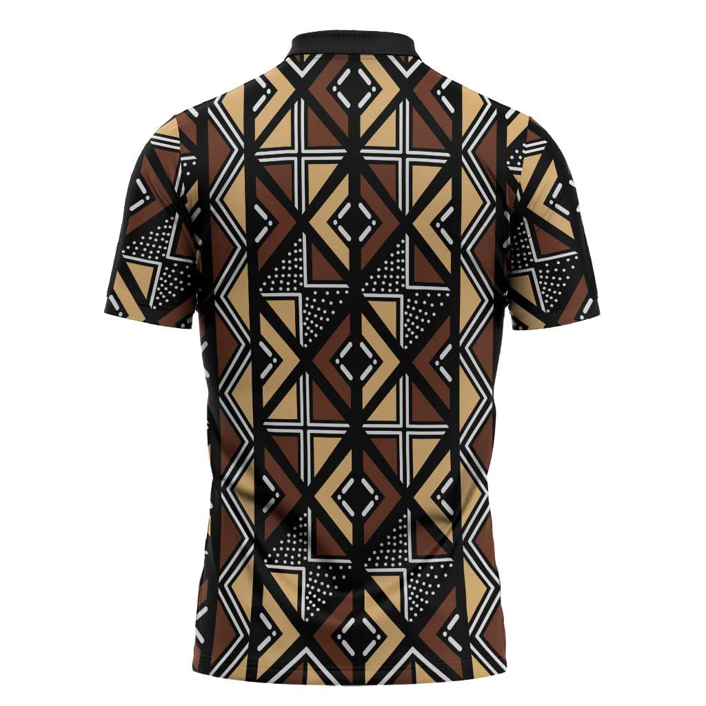 Mali Mud Cloth Legacy Pattern Zipper Polo Shirt Ethnic Geometry Style
