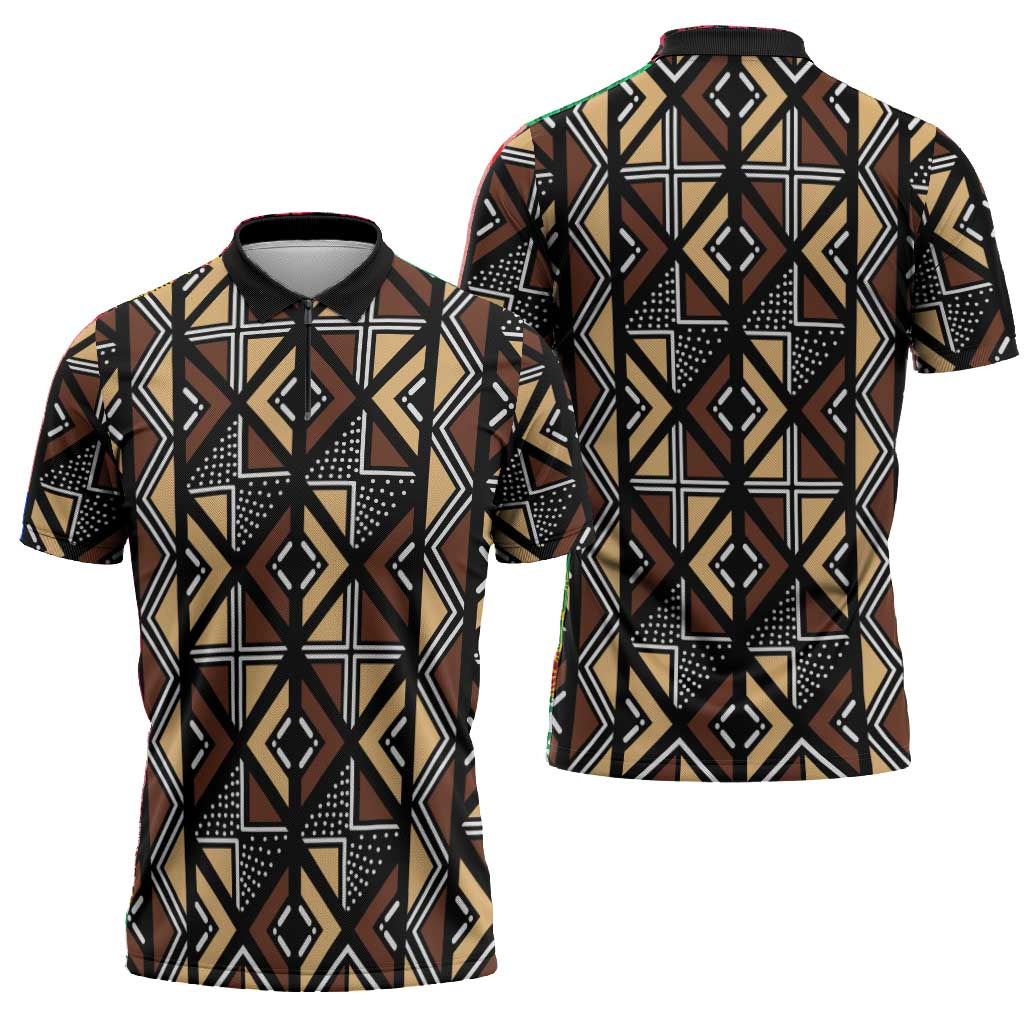 Mali Mud Cloth Legacy Pattern Zipper Polo Shirt Ethnic Geometry Style