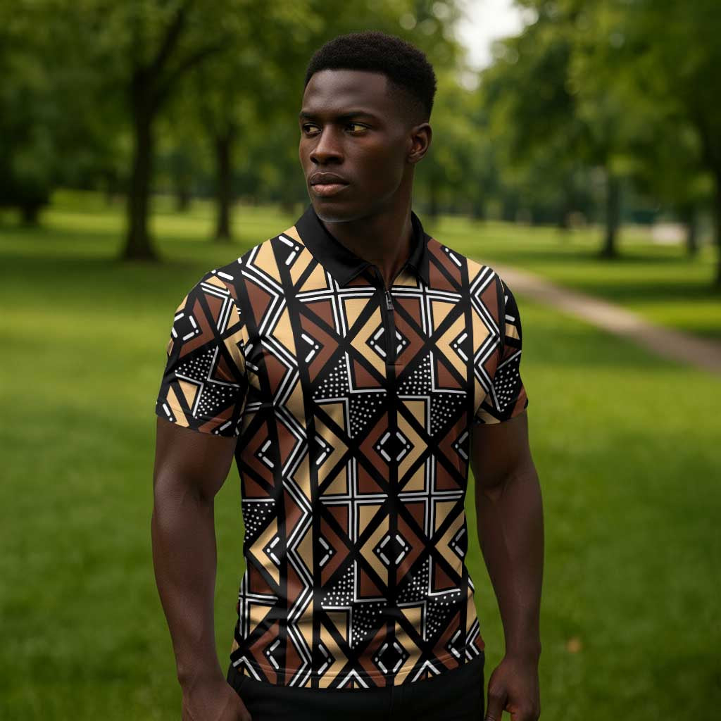 Mali Mud Cloth Legacy Pattern Zipper Polo Shirt Ethnic Geometry Style