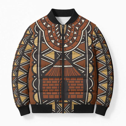 Mali Mud Cloth African Village Bomber Puffer Jacket Ethnic Geometry Style