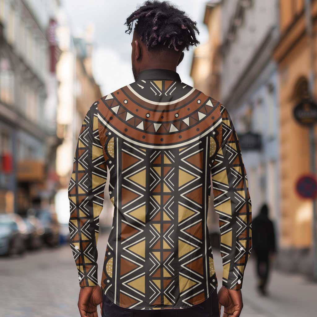 Mali Mud Cloth Village Legacy Long Sleeve Button Shirt African Tribal Pattern - African Pride