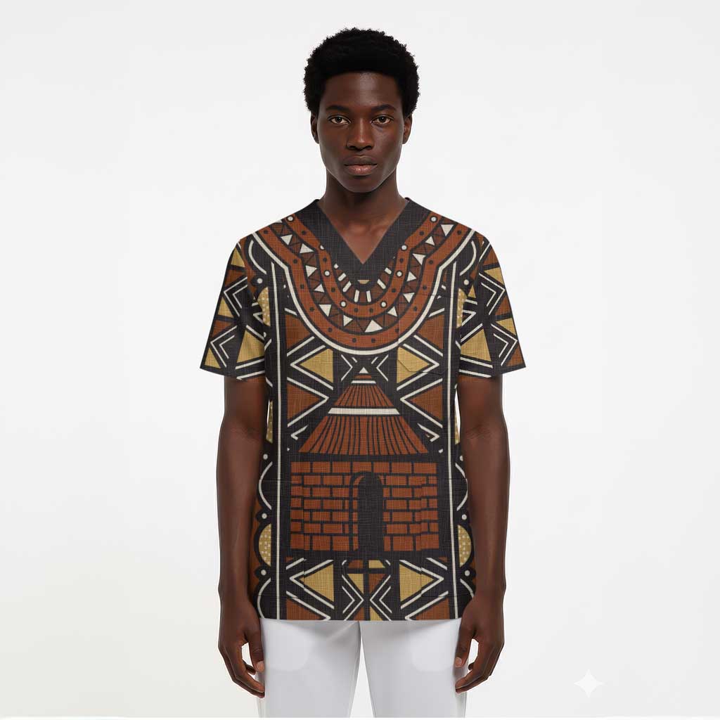 Mali Mud Cloth Village Legacy Scrub Top African Tribal Pattern - African Pride