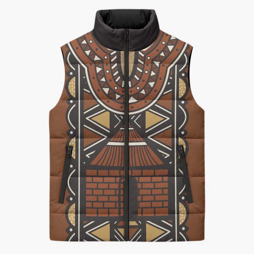 Mali Mud Cloth African Village Sleeveless Puffer Jacket Ethnic Geometry Style