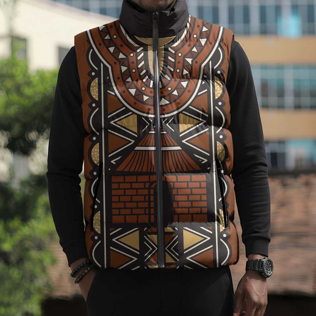 Mali Mud Cloth African Village Sleeveless Puffer Jacket Ethnic Geometry Style