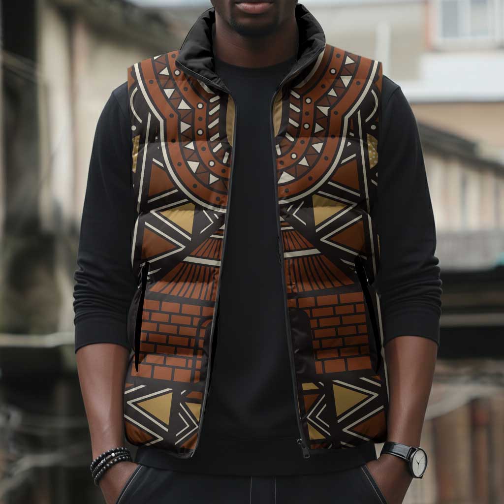 Mali Mud Cloth African Village Sleeveless Puffer Jacket Ethnic Geometry Style