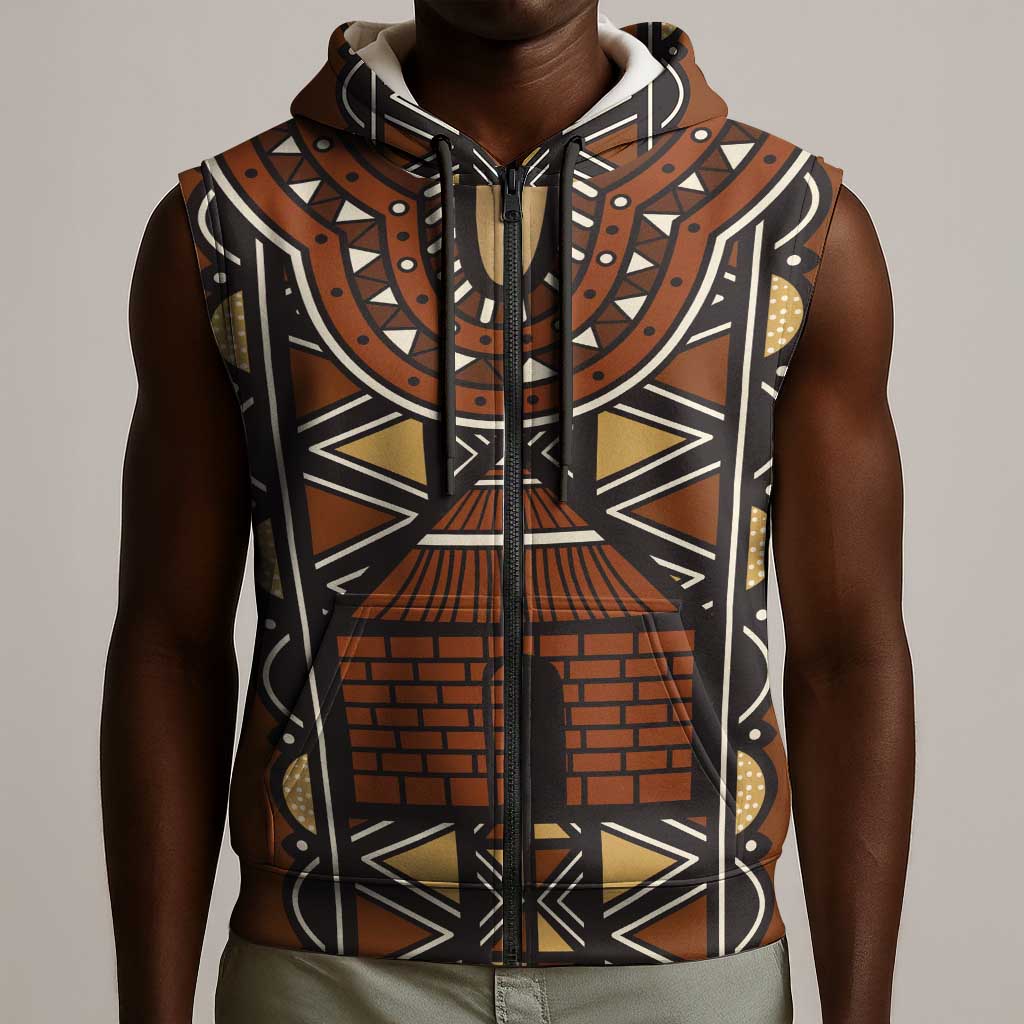 Mali Mud Cloth Village Legacy Sleeveless Zip Hoodie African Tribal Pattern - African Pride