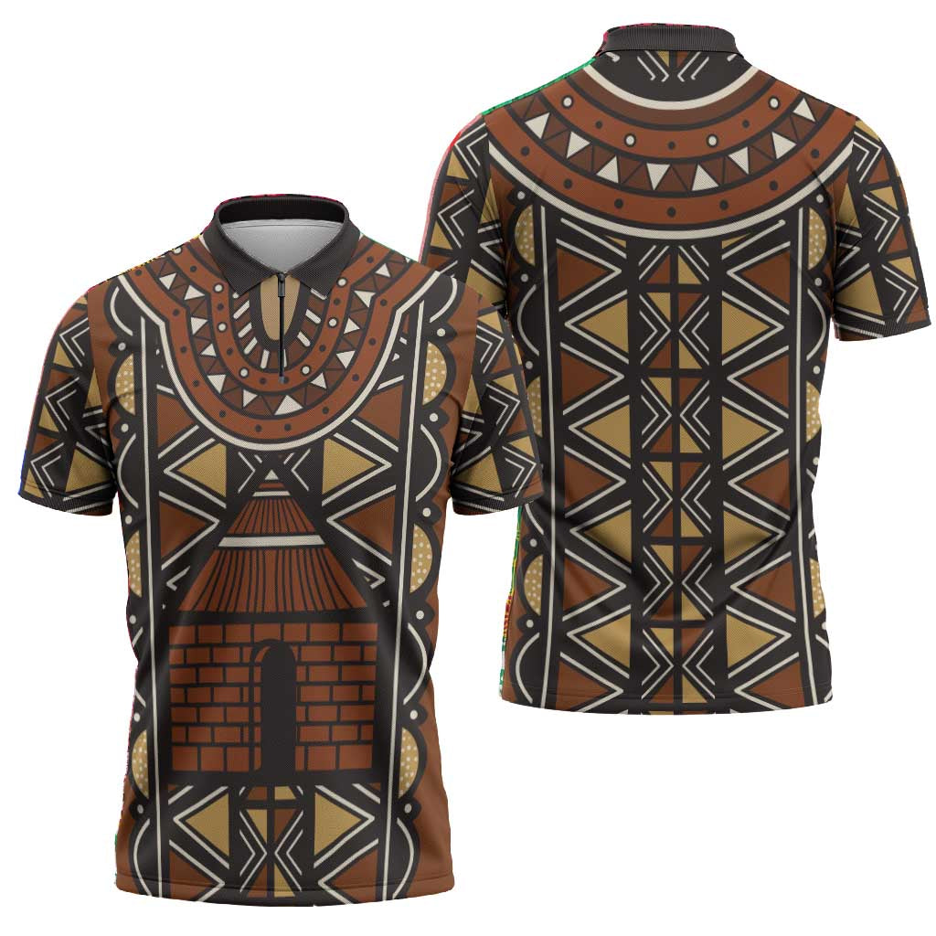 Mali Mud Cloth African Village Zipper Polo Shirt Ethnic Geometry Style