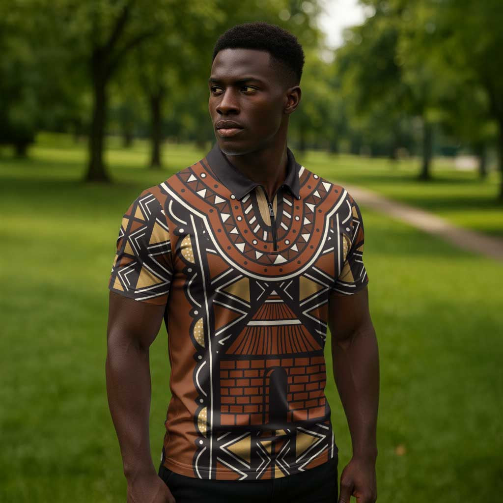 Mali Mud Cloth African Village Zipper Polo Shirt Ethnic Geometry Style