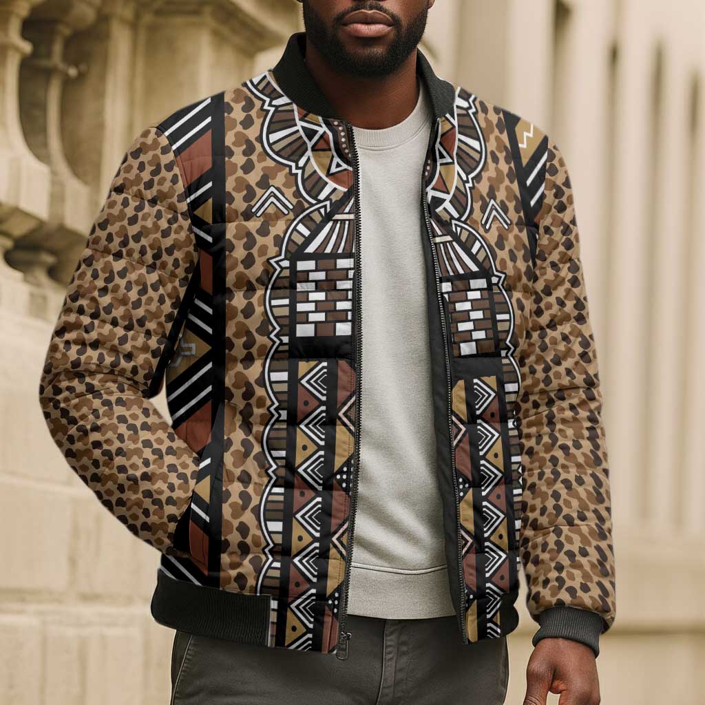 Mali Mud Cloth Leopards Legacy Bomber Puffer Jacket Tribal Village