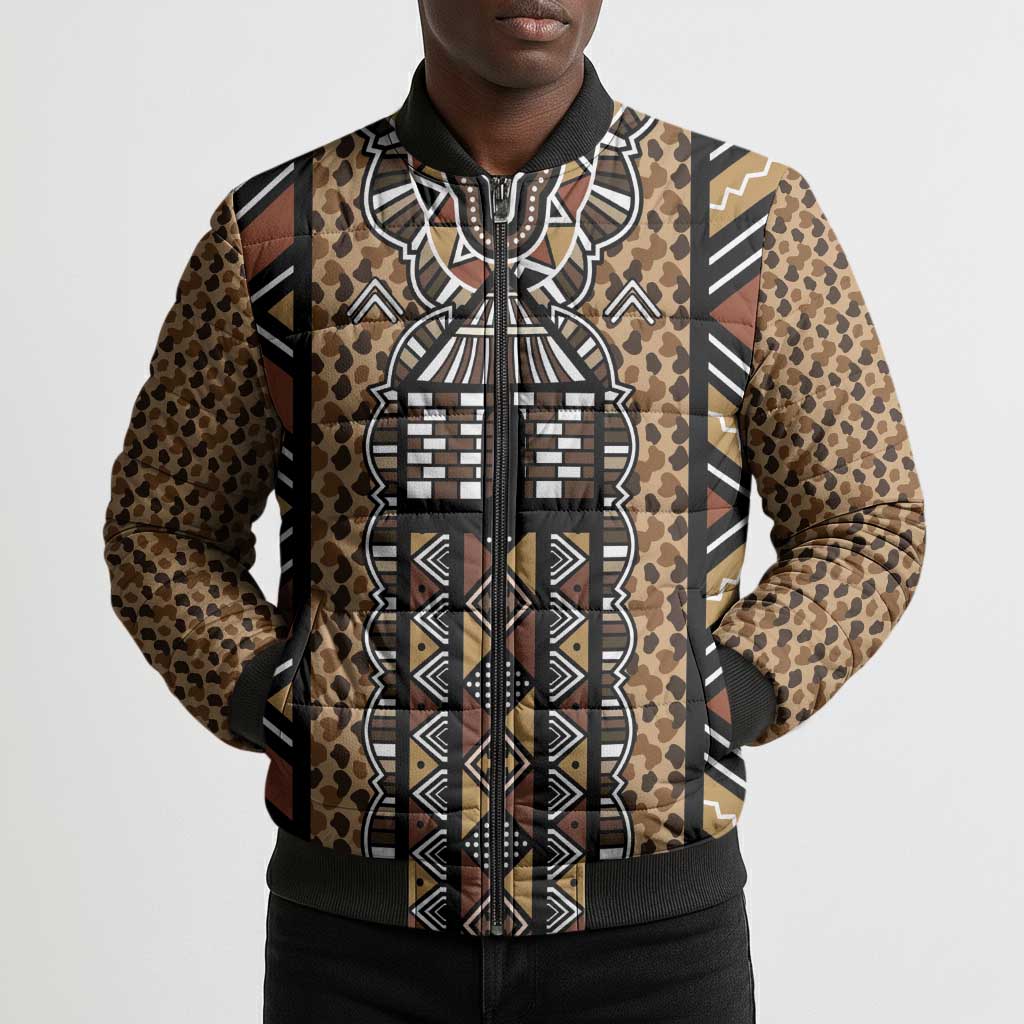 Mali Mud Cloth Leopards Legacy Bomber Puffer Jacket Tribal Village