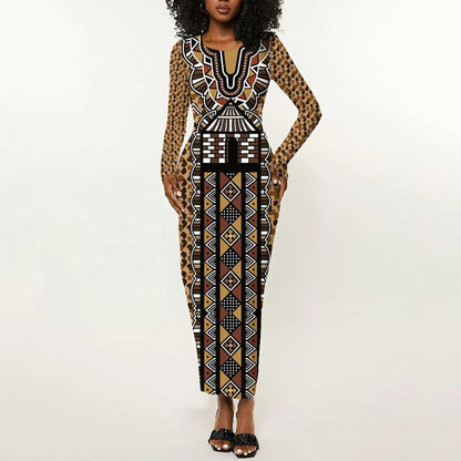 Mali Mud Cloth Leopards Legacy Long Sleeve Bodycon Dress African Tribal Pattern - African Pride