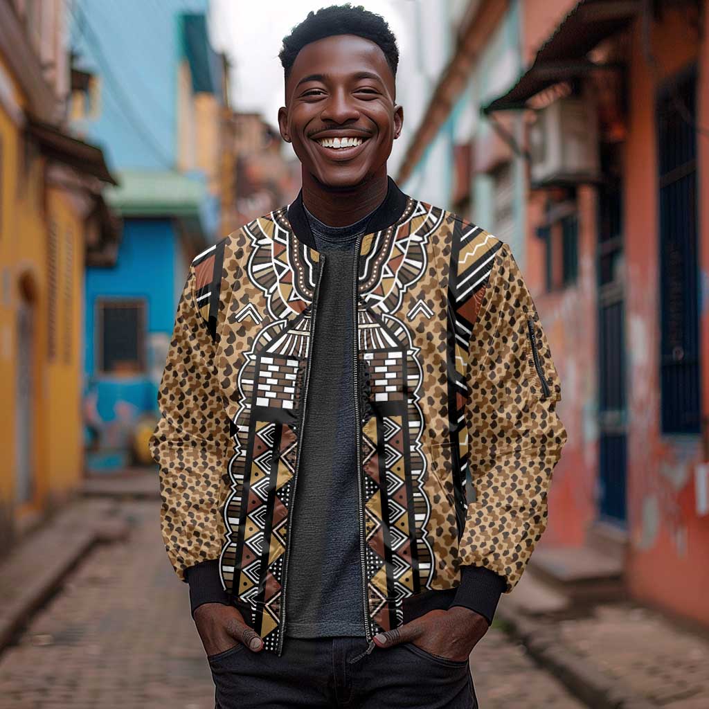 Mali Mud Cloth Leopards Legacy Sleeve Zip Bomber Jacket African Tribal Pattern - African Pride