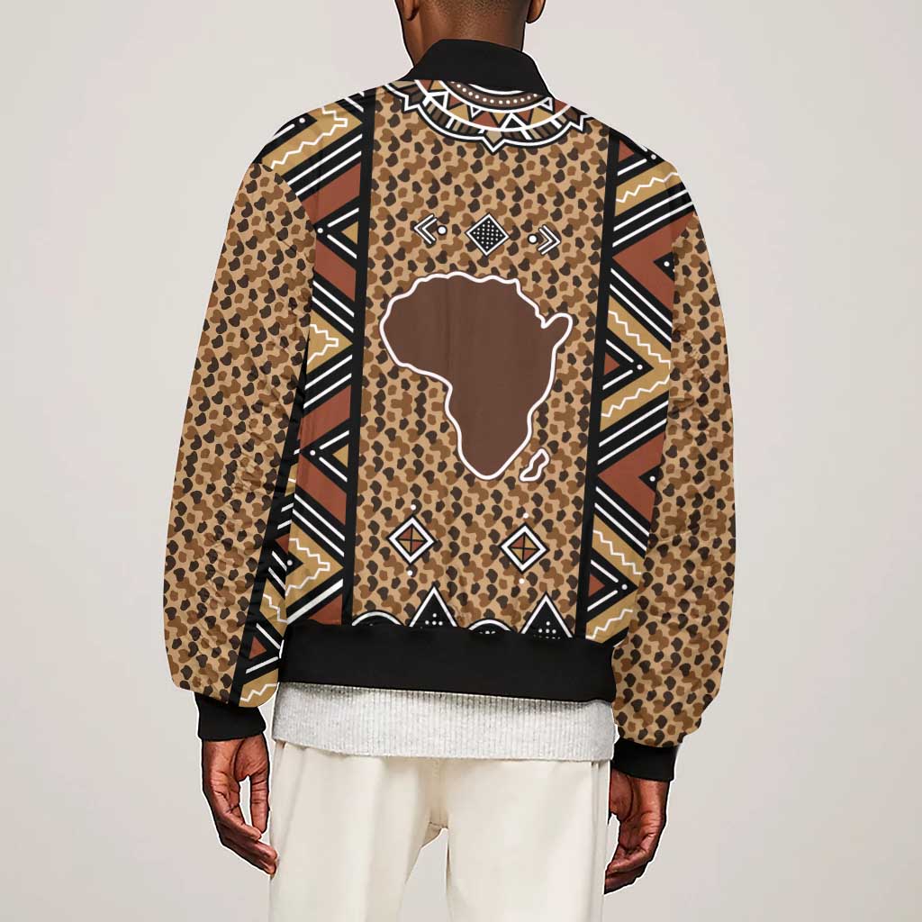 Mali Mud Cloth Leopards Legacy Sleeve Zip Bomber Jacket African Tribal Pattern - African Pride