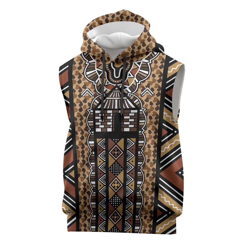 Mali Mud Cloth Leopards Legacy Sleeveless Hoodie African Tribal Pattern - African Pride