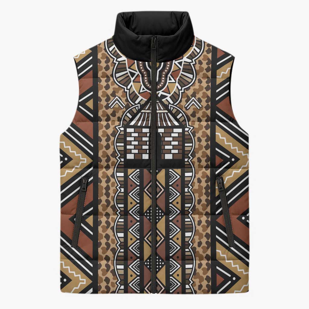 Mali Mud Cloth Leopards Legacy Sleeveless Puffer Jacket Tribal Village