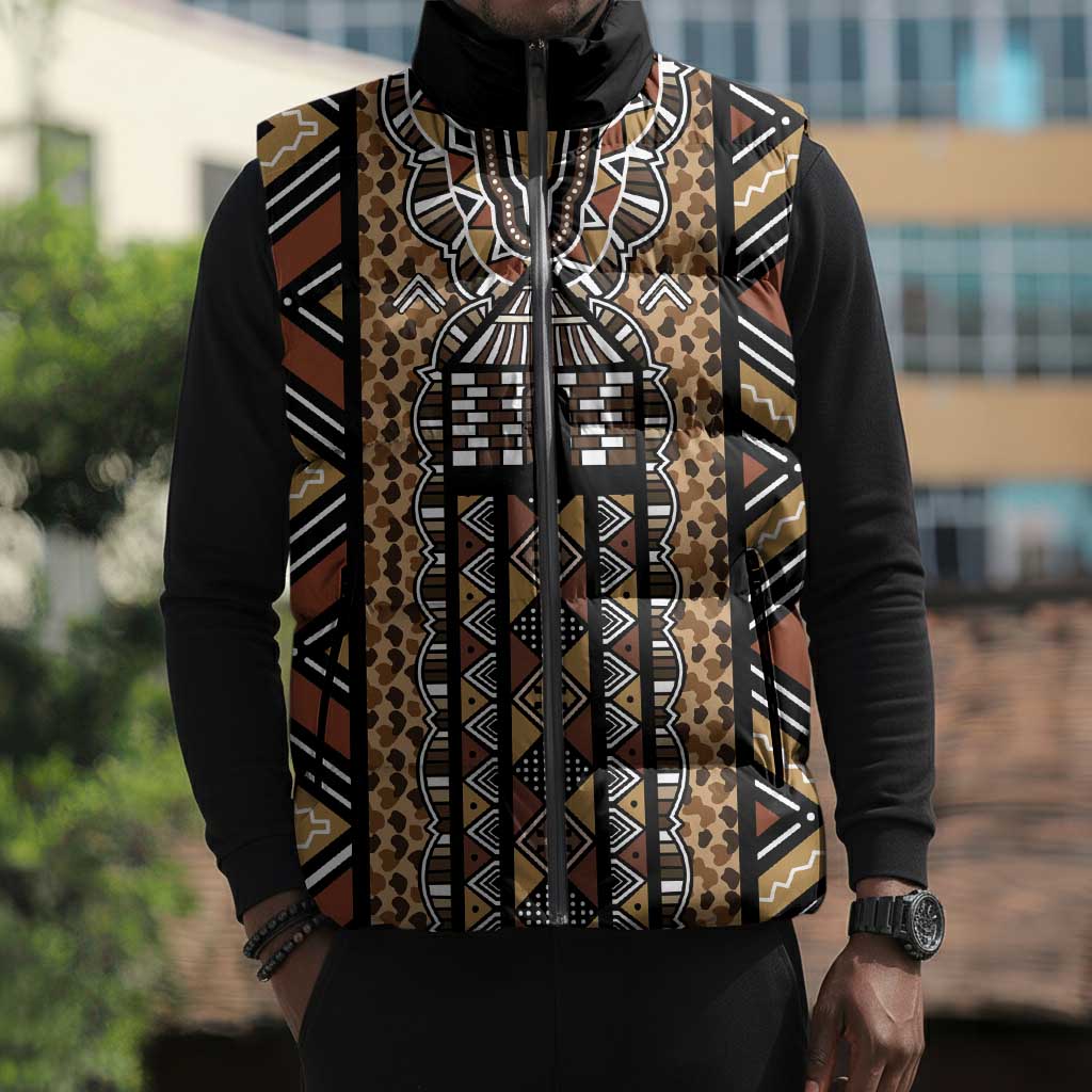 Mali Mud Cloth Leopards Legacy Sleeveless Puffer Jacket Tribal Village