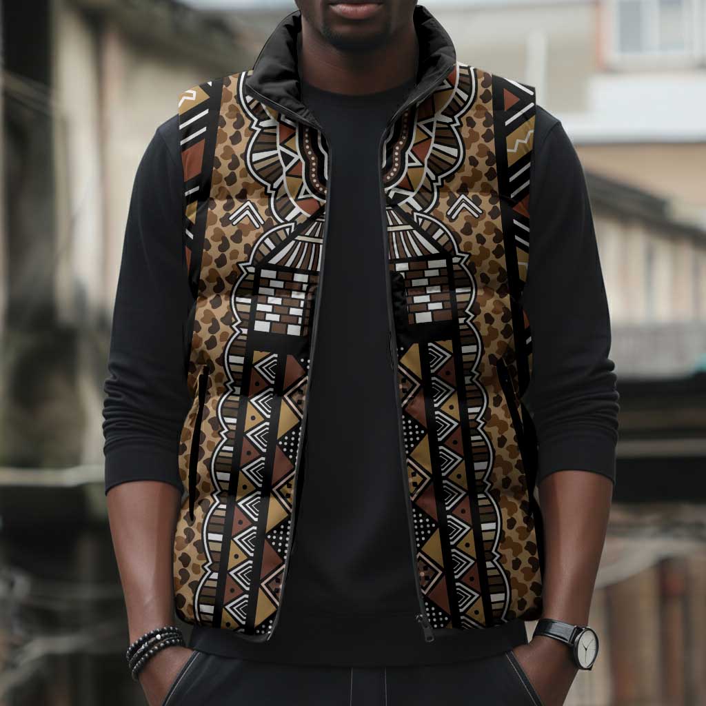 Mali Mud Cloth Leopards Legacy Sleeveless Puffer Jacket Tribal Village