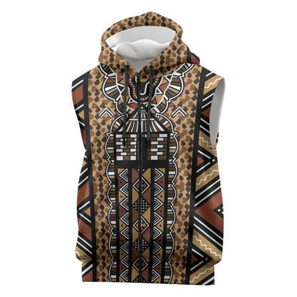 Mali Mud Cloth Leopards Legacy Sleeveless Zip Hoodie African Tribal Pattern - African Pride