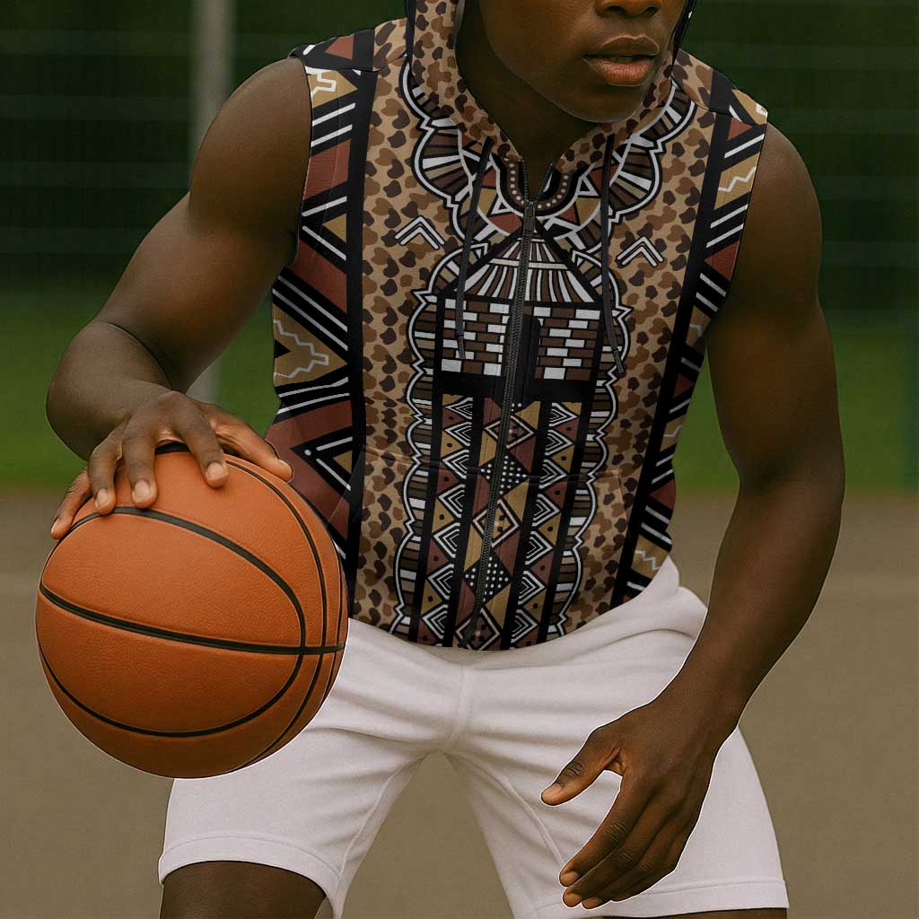 Mali Mud Cloth Leopards Legacy Sleeveless Zip Hoodie African Tribal Pattern - African Pride