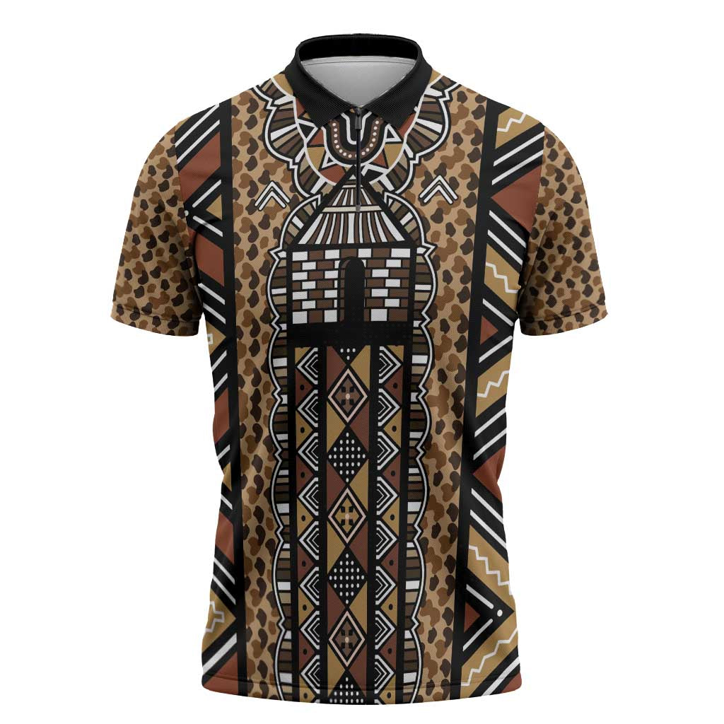 Mali Mud Cloth Leopards Legacy Zipper Polo Shirt Tribal Village