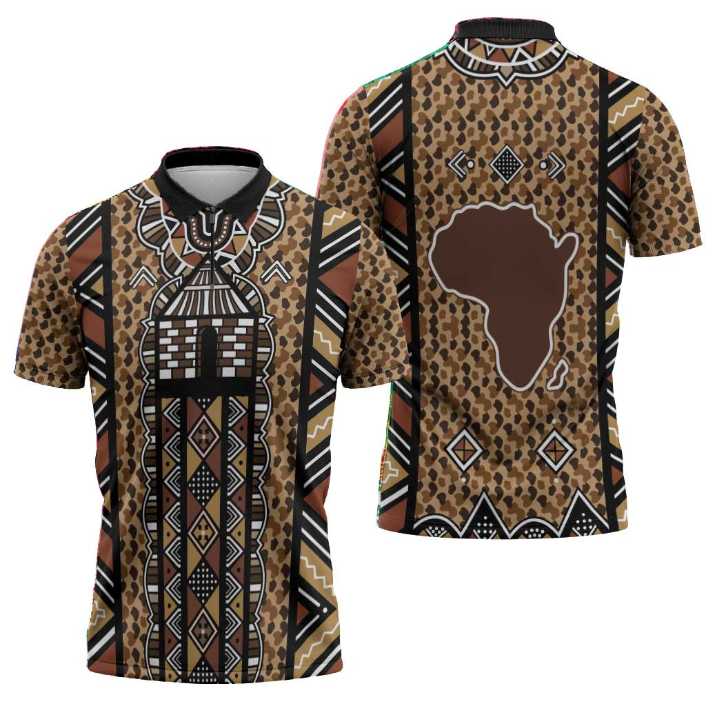 Mali Mud Cloth Leopards Legacy Zipper Polo Shirt Tribal Village