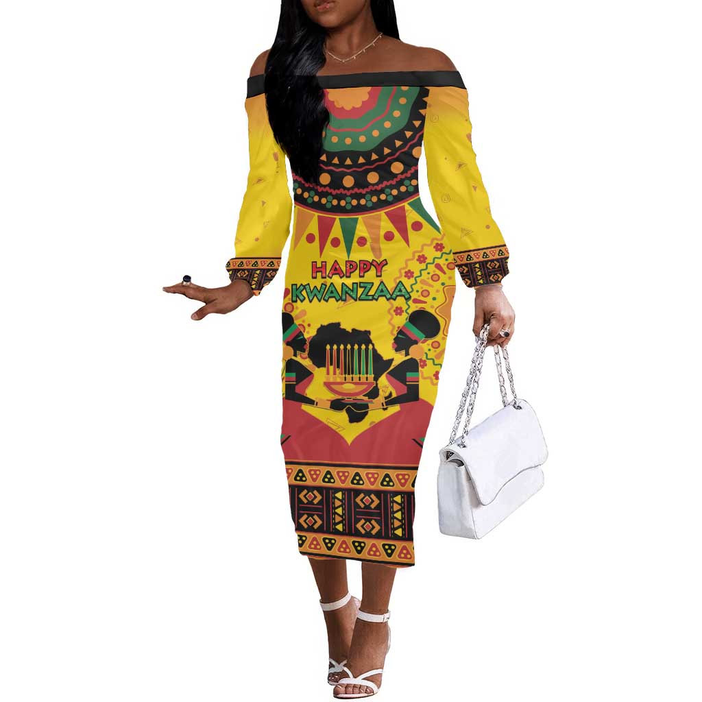 Afro-Americans Kwanzaa Off The Shoulder Long Sleeve Dress African Pattern