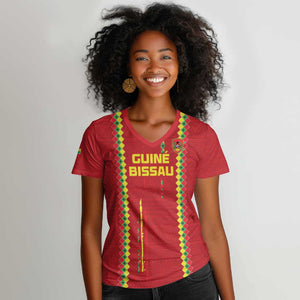 Custom Guinea Bissau Football Women V-Neck T-Shirt Go Djurtus - African Pattern