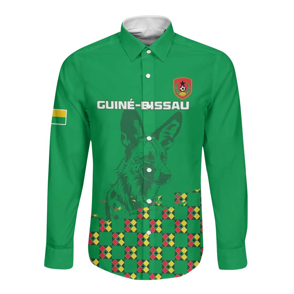 Custom Guinea Bissau Football Long Sleeve Button Shirt African Wild Dog - Go Djurtus