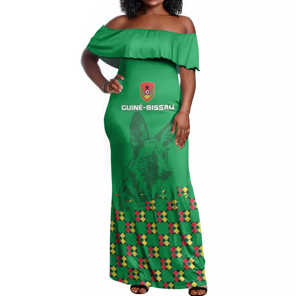 Custom Guinea Bissau Football Off Shoulder Maxi Dress African Wild Dog - Go Djurtus