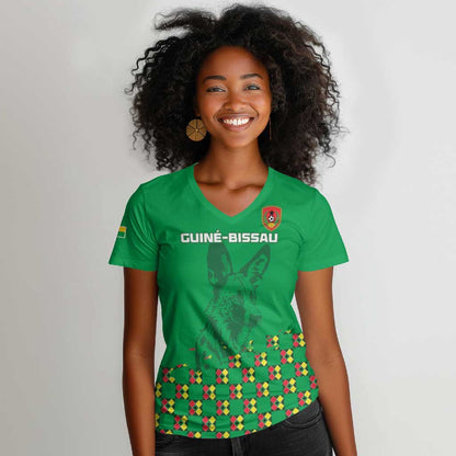 Custom Guinea Bissau Football Women V-Neck T-Shirt African Wild Dog - Go Djurtus