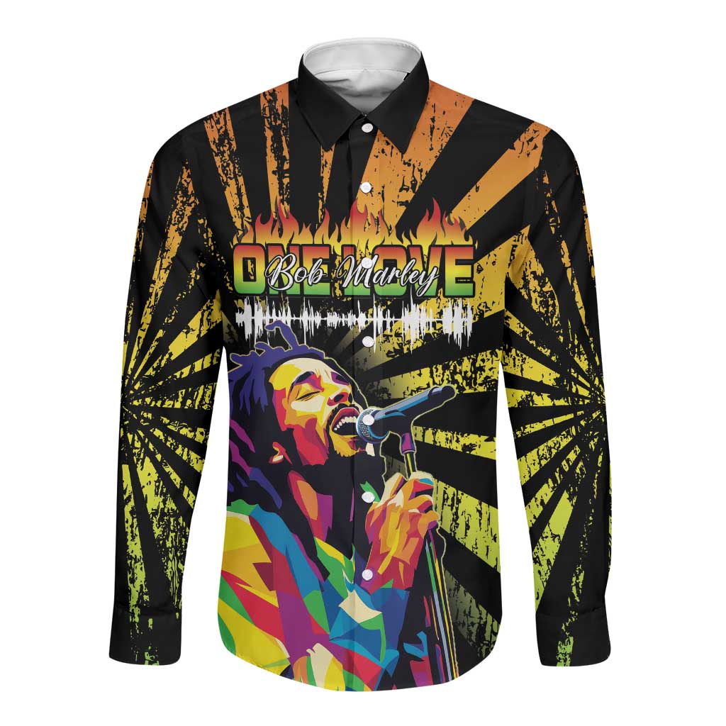 Afro-American Reggae Legend Bob Long Sleeve Button Shirt One Love - Grunge Style