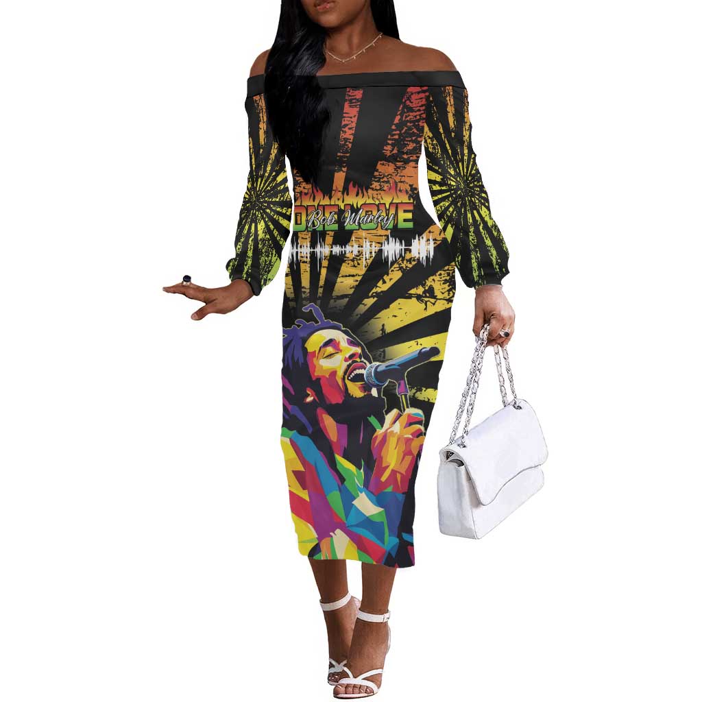 Afro-American Reggae Legend Bob Off The Shoulder Long Sleeve Dress One Love - Grunge Style