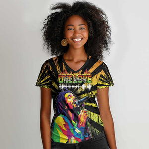 Afro-American Reggae Legend Bob Women V-Neck T-Shirt One Love - Grunge Style