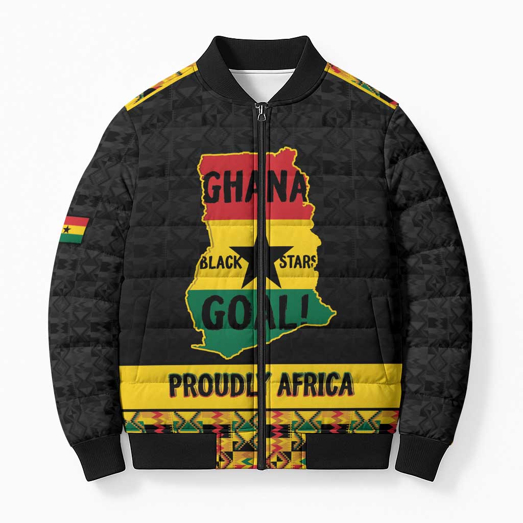 Personalized Afro Ghana Football Bomber Puffer Jacket Black Stars Never Fall - Kente Pattern - African Pride
