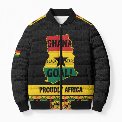 Personalized Afro Ghana Football Bomber Puffer Jacket Black Stars Never Fall - Kente Pattern - African Pride
