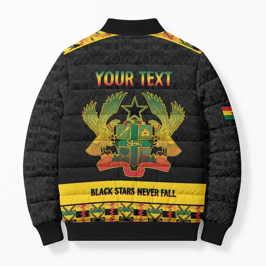 Personalized Afro Ghana Football Bomber Puffer Jacket Black Stars Never Fall - Kente Pattern - African Pride