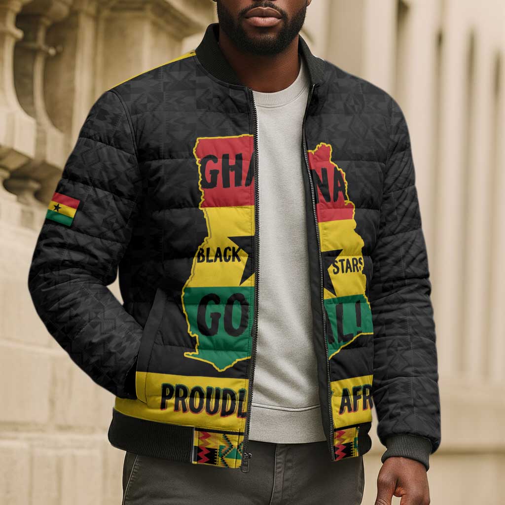 Personalized Afro Ghana Football Bomber Puffer Jacket Black Stars Never Fall - Kente Pattern - African Pride