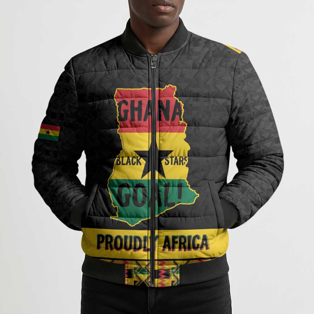 Personalized Afro Ghana Football Bomber Puffer Jacket Black Stars Never Fall - Kente Pattern - African Pride