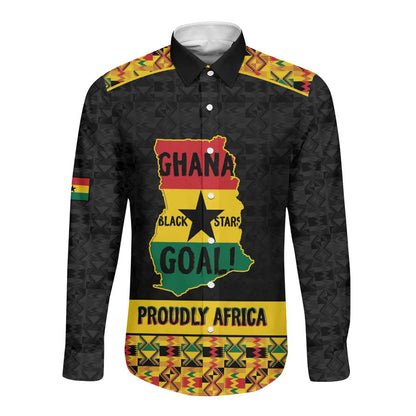 Personalized Afro Ghana Football Long Sleeve Button Shirt Black Stars Never Fall - Kente Pattern - African Pride