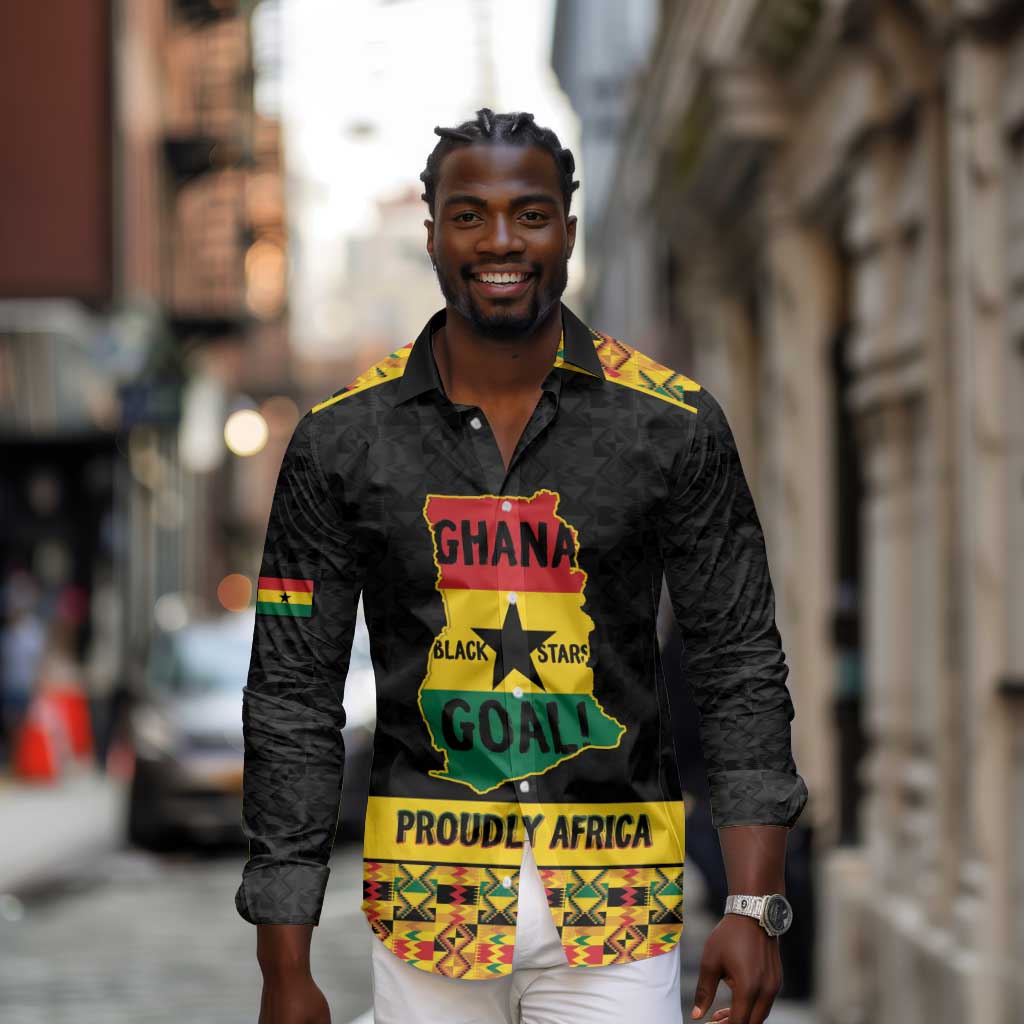 Personalized Afro Ghana Football Long Sleeve Button Shirt Black Stars Never Fall - Kente Pattern - African Pride