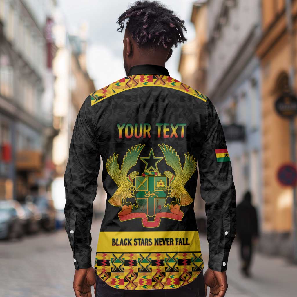 Personalized Afro Ghana Football Long Sleeve Button Shirt Black Stars Never Fall - Kente Pattern - African Pride