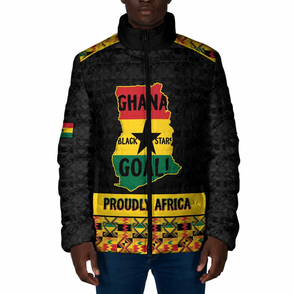 Personalized Afro Ghana Football Padded Jacket Black Stars Never Fall - Kente Pattern - African Pride