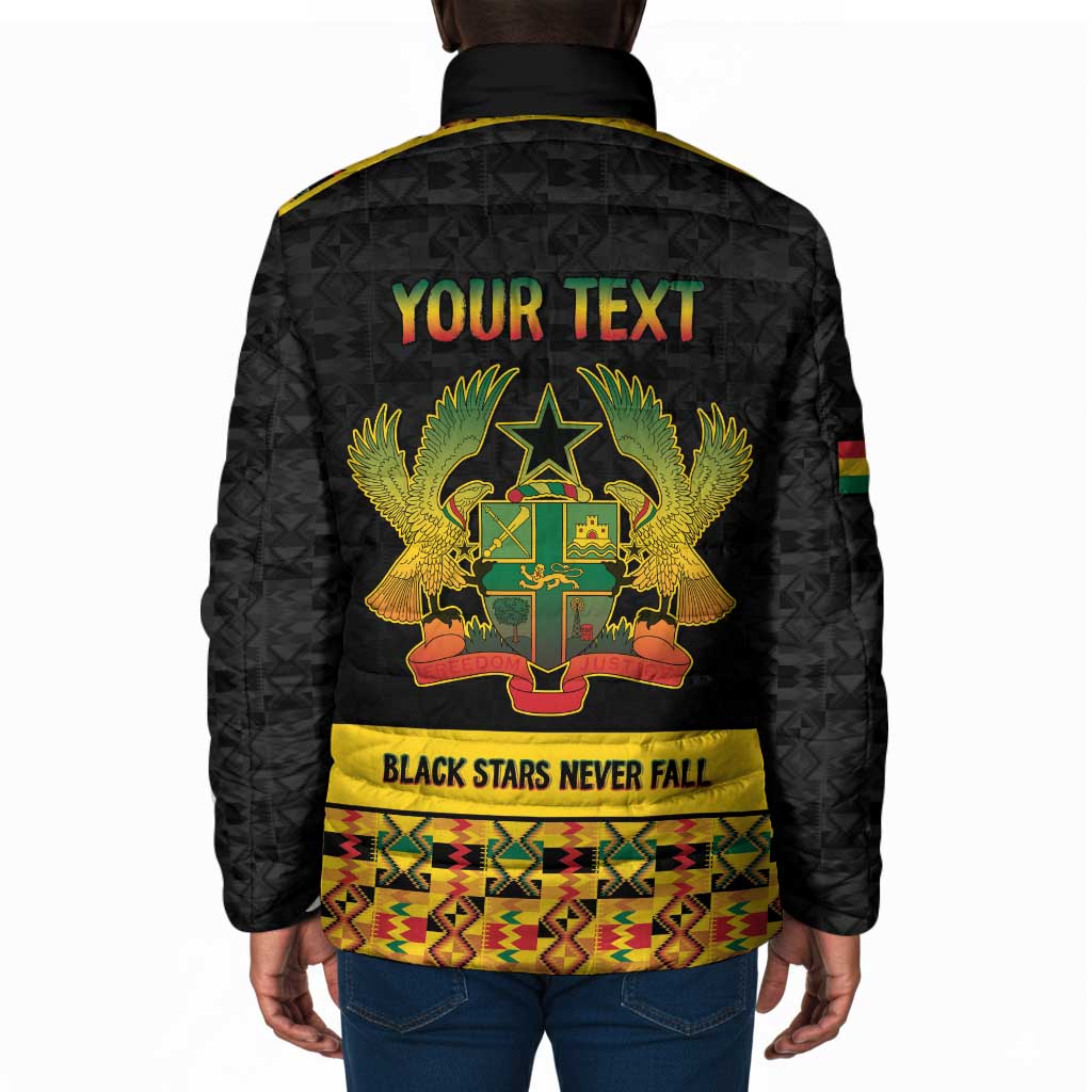 Personalized Afro Ghana Football Padded Jacket Black Stars Never Fall - Kente Pattern - African Pride