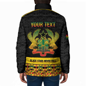Personalized Afro Ghana Football Padded Jacket Black Stars Never Fall - Kente Pattern - African Pride