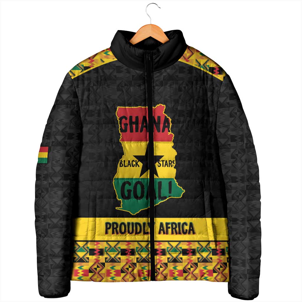 Personalized Afro Ghana Football Padded Jacket Black Stars Never Fall - Kente Pattern - African Pride