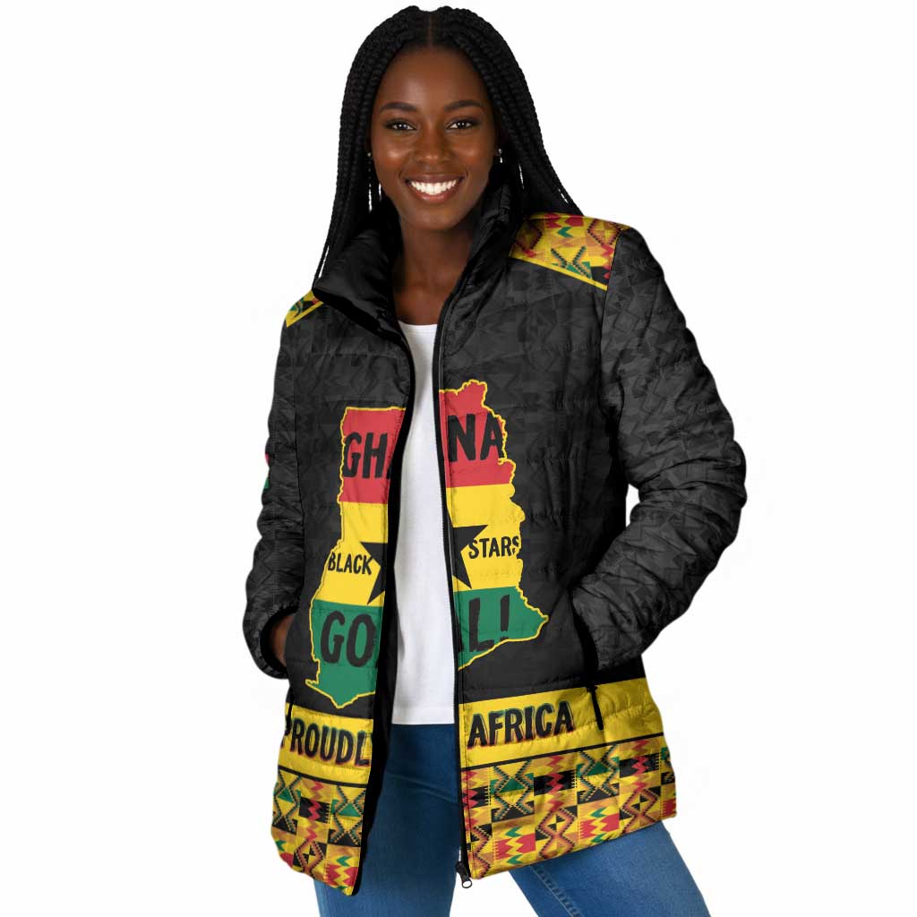Personalized Afro Ghana Football Padded Jacket Black Stars Never Fall - Kente Pattern - African Pride