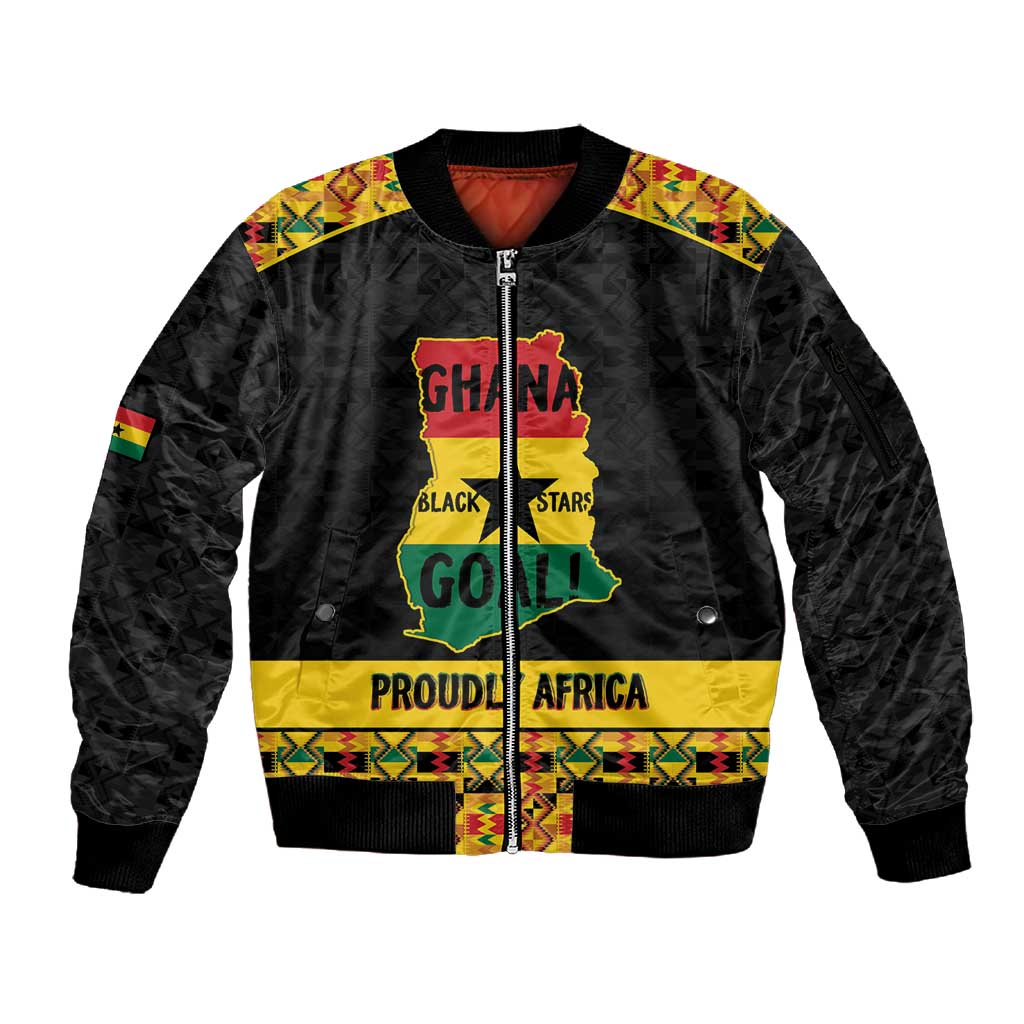 Personalized Afro Ghana Football Sleeve Zip Bomber Jacket Black Stars Never Fall - Kente Pattern - African Pride