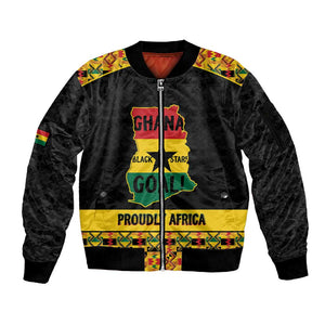 Personalized Afro Ghana Football Sleeve Zip Bomber Jacket Black Stars Never Fall - Kente Pattern - African Pride