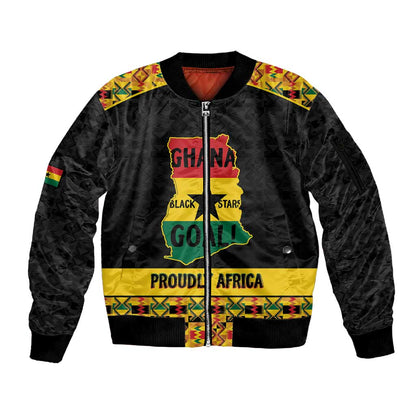 Personalized Afro Ghana Football Sleeve Zip Bomber Jacket Black Stars Never Fall - Kente Pattern - African Pride
